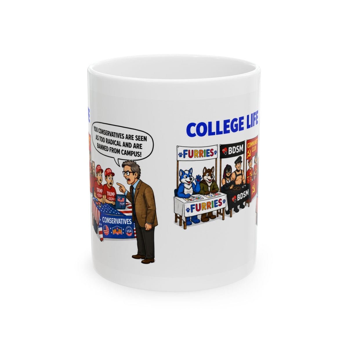 College Life Cartoon Ceramic Mug – Liberal Bias in Academia Humorous Campus Panels (11oz & 15oz)