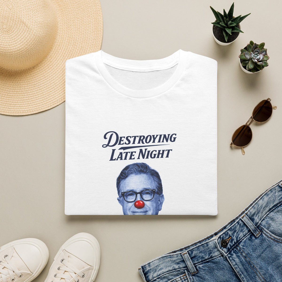 "Trump Patriot Shirt | America First T-Shirt | Conservative Republican Apparel | God Family Country Tee" | anti-woke tshirt | Destroying Late Night T-Shirt | Blue Portrait with Red Clown Nose
