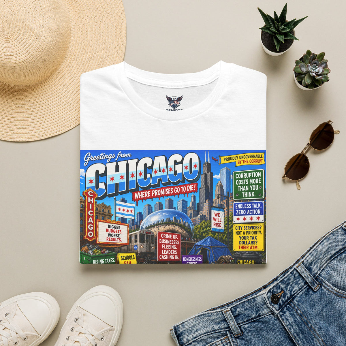 "Trump Patriot Shirt | America First T-Shirt | Conservative Republican Apparel | God Family Country Tee" | Chicago postcard skyline T-Shirt | Retro city sign collage