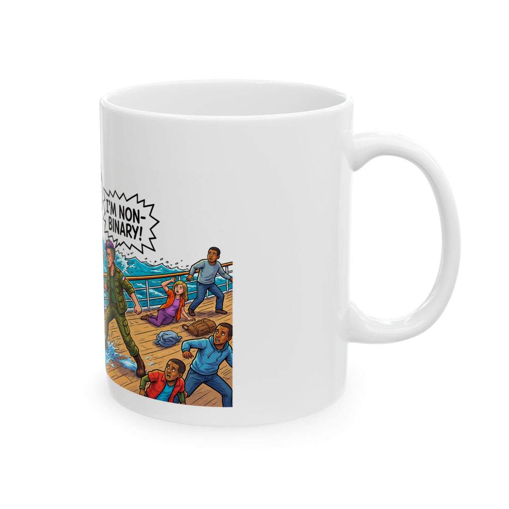 Ceramic Mug — Humorous ‘Women and Children First! / I’m Non-Binary’ Cartoon Rescue Scene (11oz, 15oz)