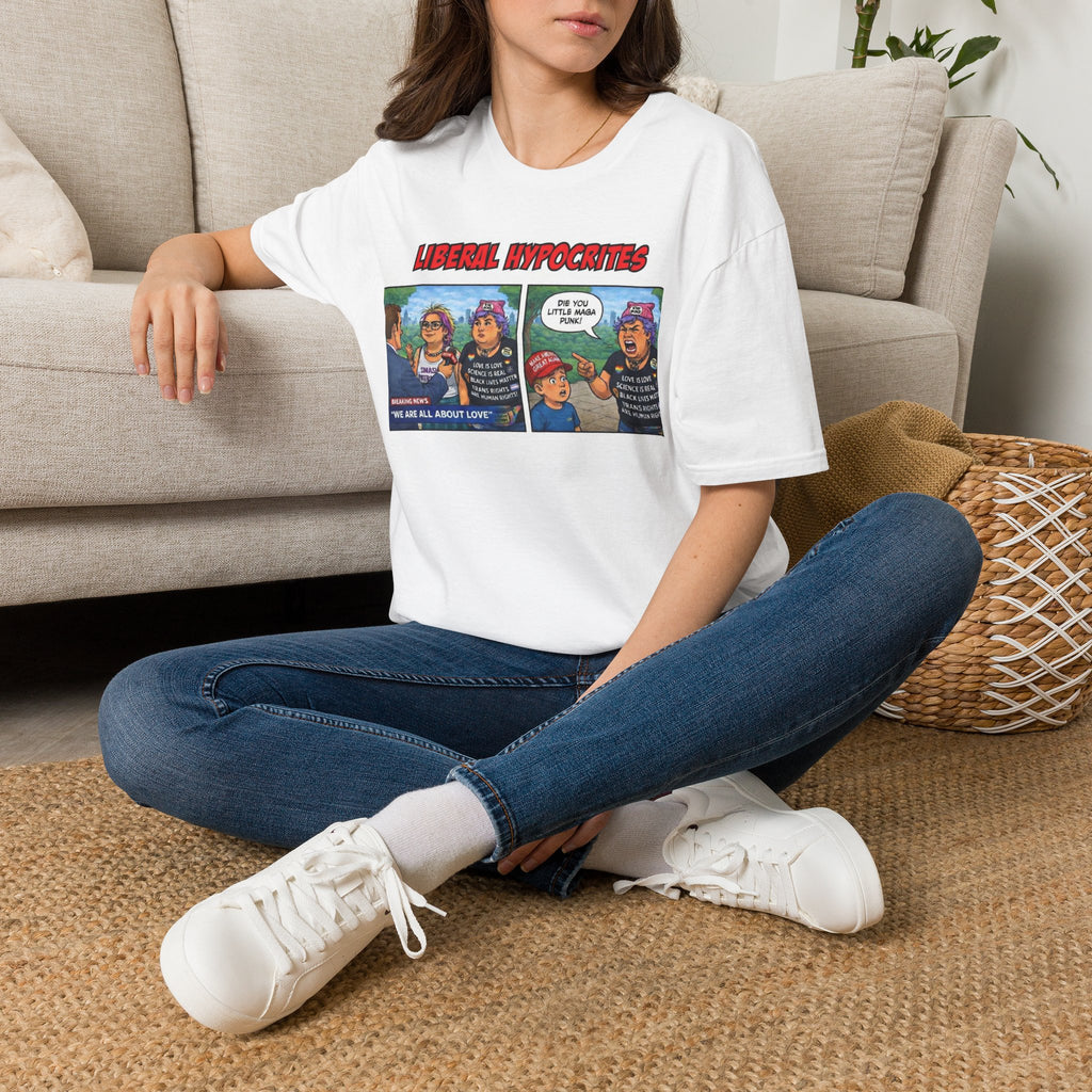 "Trump Patriot Shirt | America First T-Shirt | Conservative Republican Apparel | God Family Country Tee" | anti-woke tshirt | Liberal Hypocrites comic panel T-Shirt | political satire tee