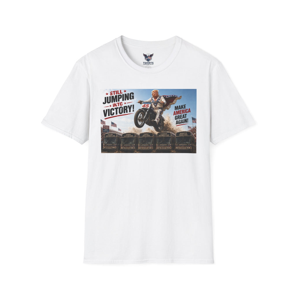 Graphic T-Shirt — "Still Jumping into Victory! Make America Great Again" Motorcycle Design