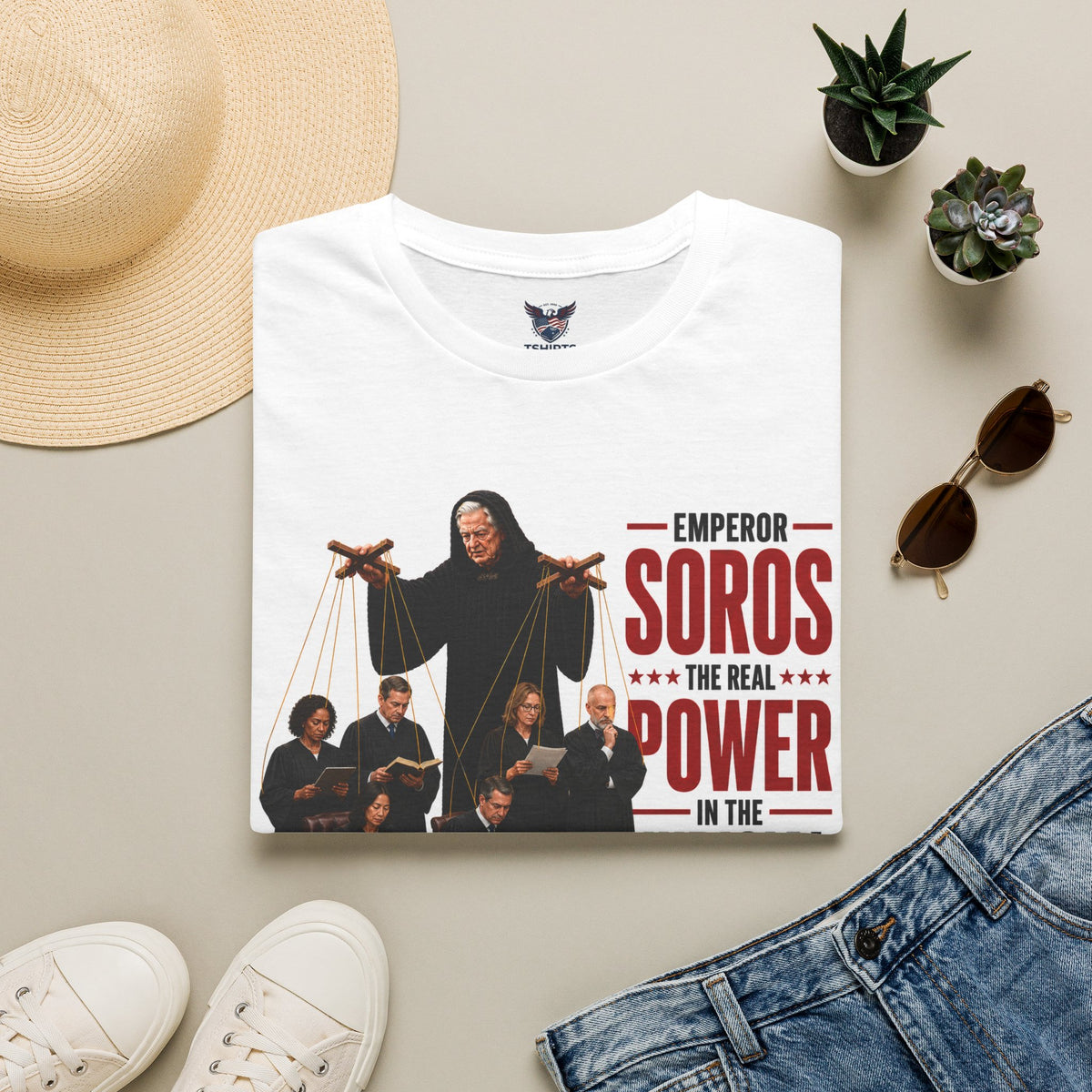 Emperor Soros puppetmaster T-Shirt | Political satire courtroom design