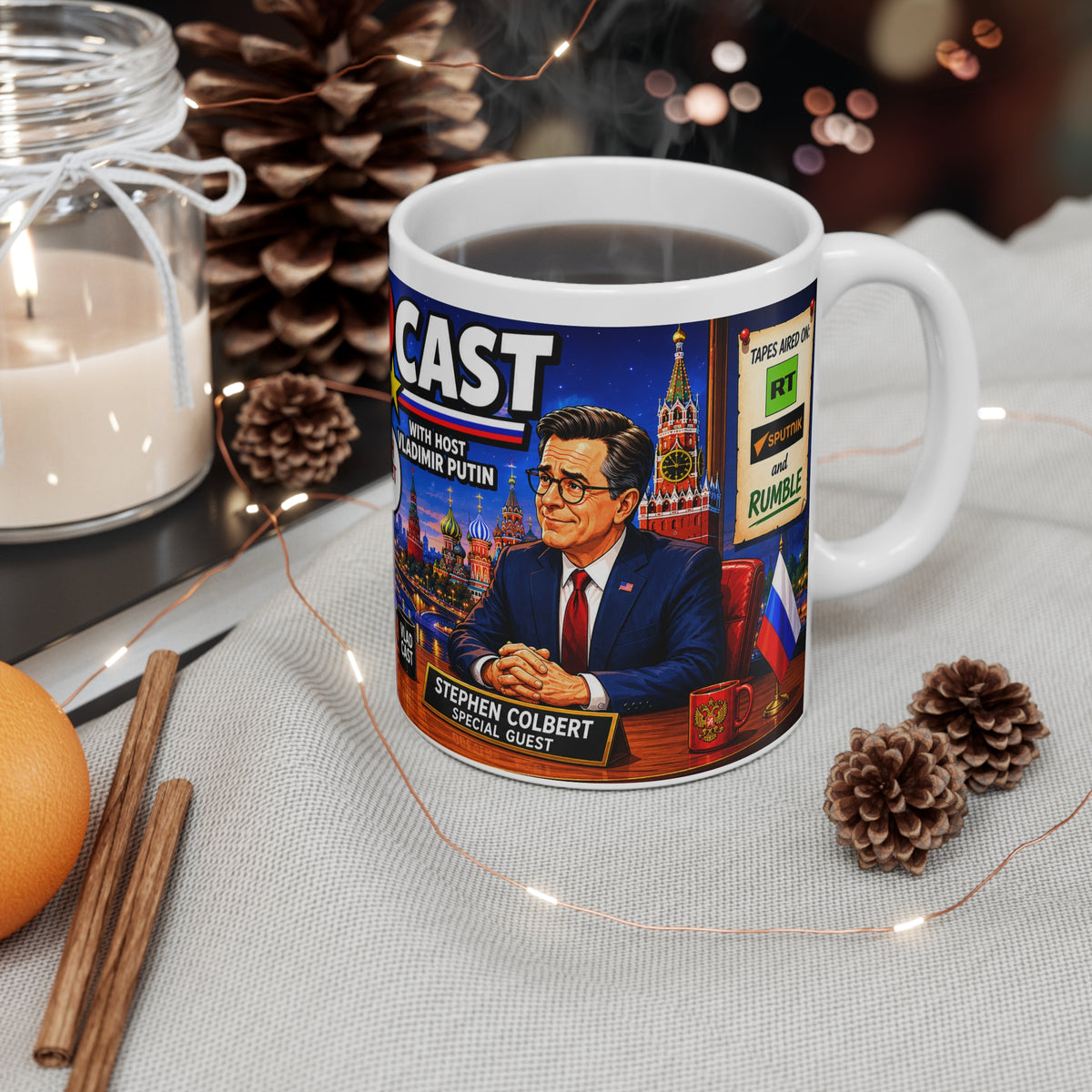 VLAD CAST PUTIN WITH COLBERT JOKE MUG Novelty Political Mug — 'VladCast' Talk Show Design