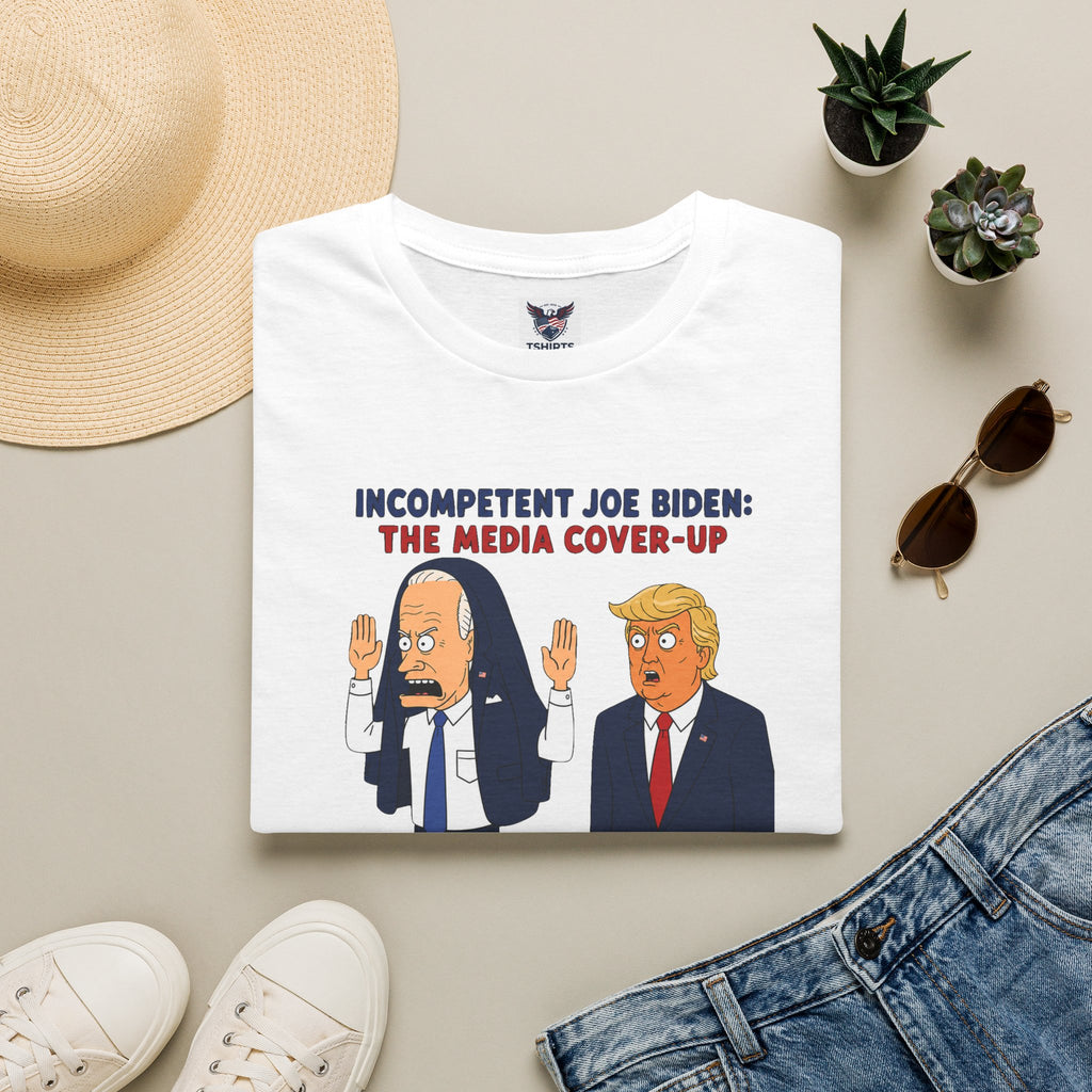 Political Cartoon T-Shirt — "Incompetent Joe Biden? The Media Cover-Up" Graphic Tee