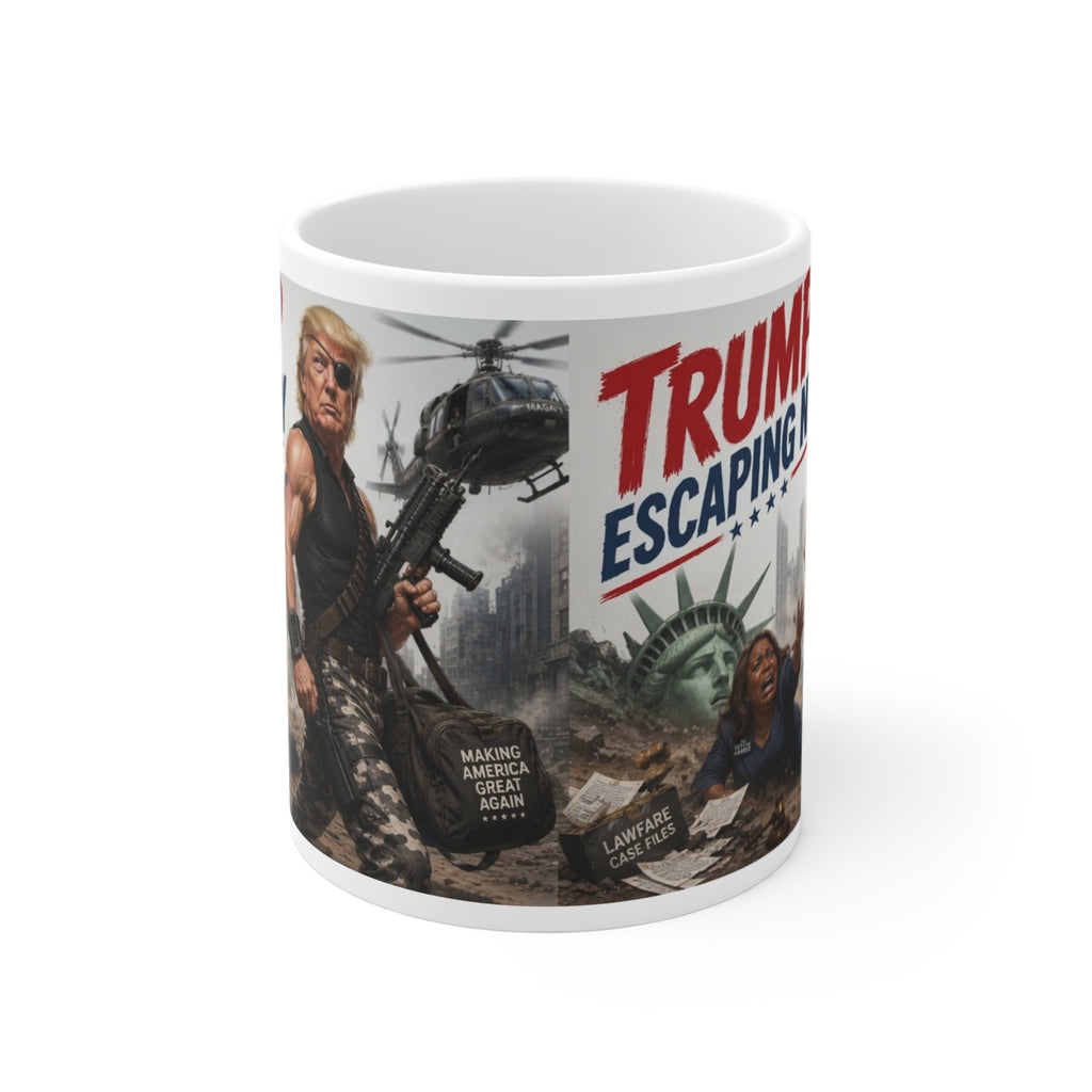 Political Novelty Mug — "Trump Escaping NY"  Trump Plissken Lawfare Satire Graphic