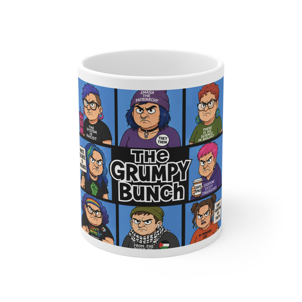 The Grumpy Bunch Satirical Coffee Mug – Funny Anti-Woke Political Humor Novelty Cup, Sarcastic Cartoon Parody Gift