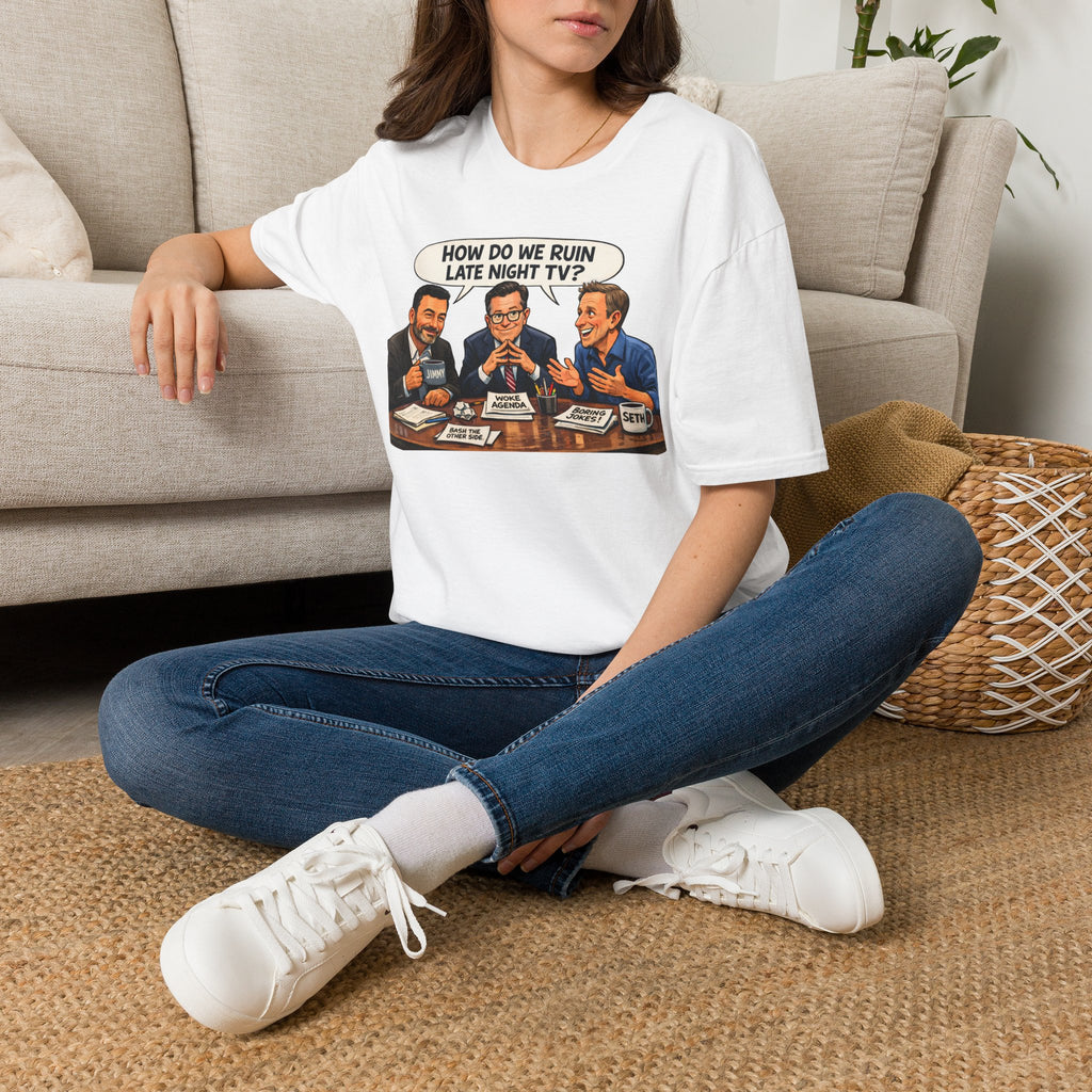 "Trump Patriot Shirt | America First T-Shirt | Conservative Republican Apparel | God Family Country Tee" | anti-woke tshirt | Late Night TV Panel Illustration T-Shirt | Retro Talk Show Graphic