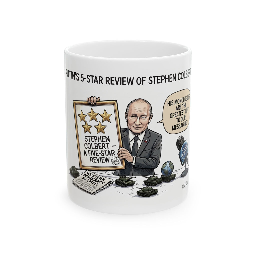 Putin 5-Star Review of Stephen Colbert Mug | Political Cartoon Coffee Mug