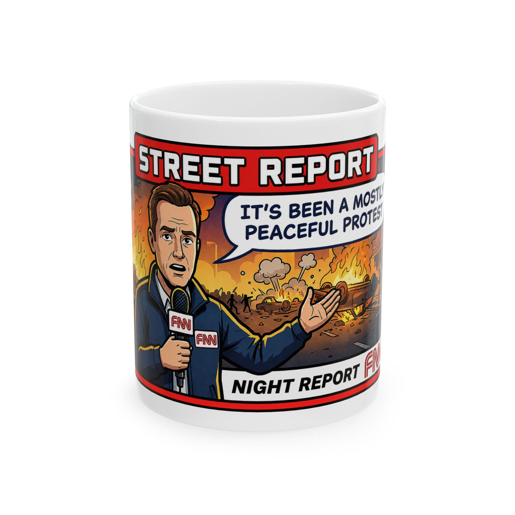 Fake News Street Report Comic Panel Mug | News Reporter Illustration, Protest Scene