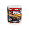 Fake News Street Report Comic Panel Mug | News Reporter Illustration, Protest Scene
