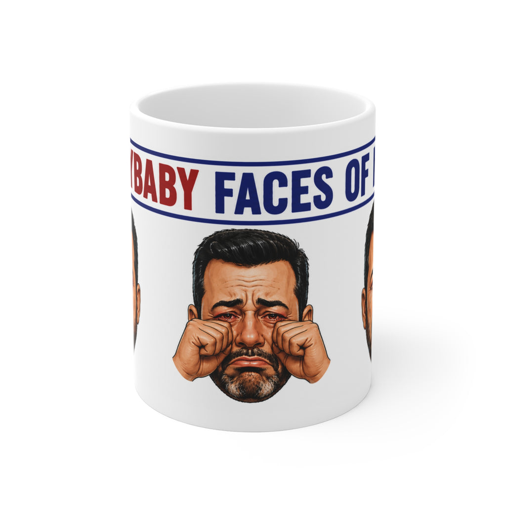 The Many Crybaby Faces of Kimmel Satire Coffee Mug – Funny Late-Night TV Parody Ceramic Tea Cup