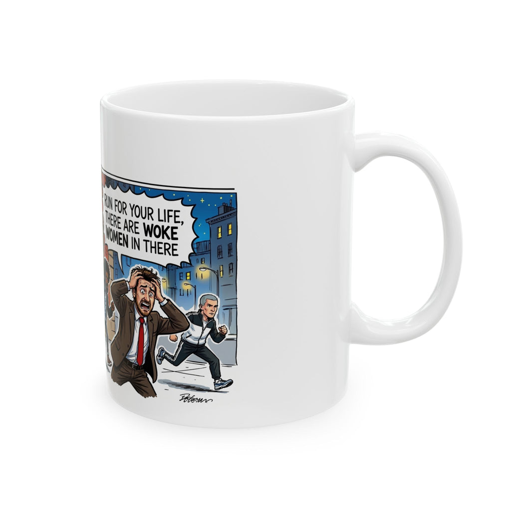 Men Fleeing Singles Woke Women Event Mug | Humorous Comic Illustration Ceramic Mug