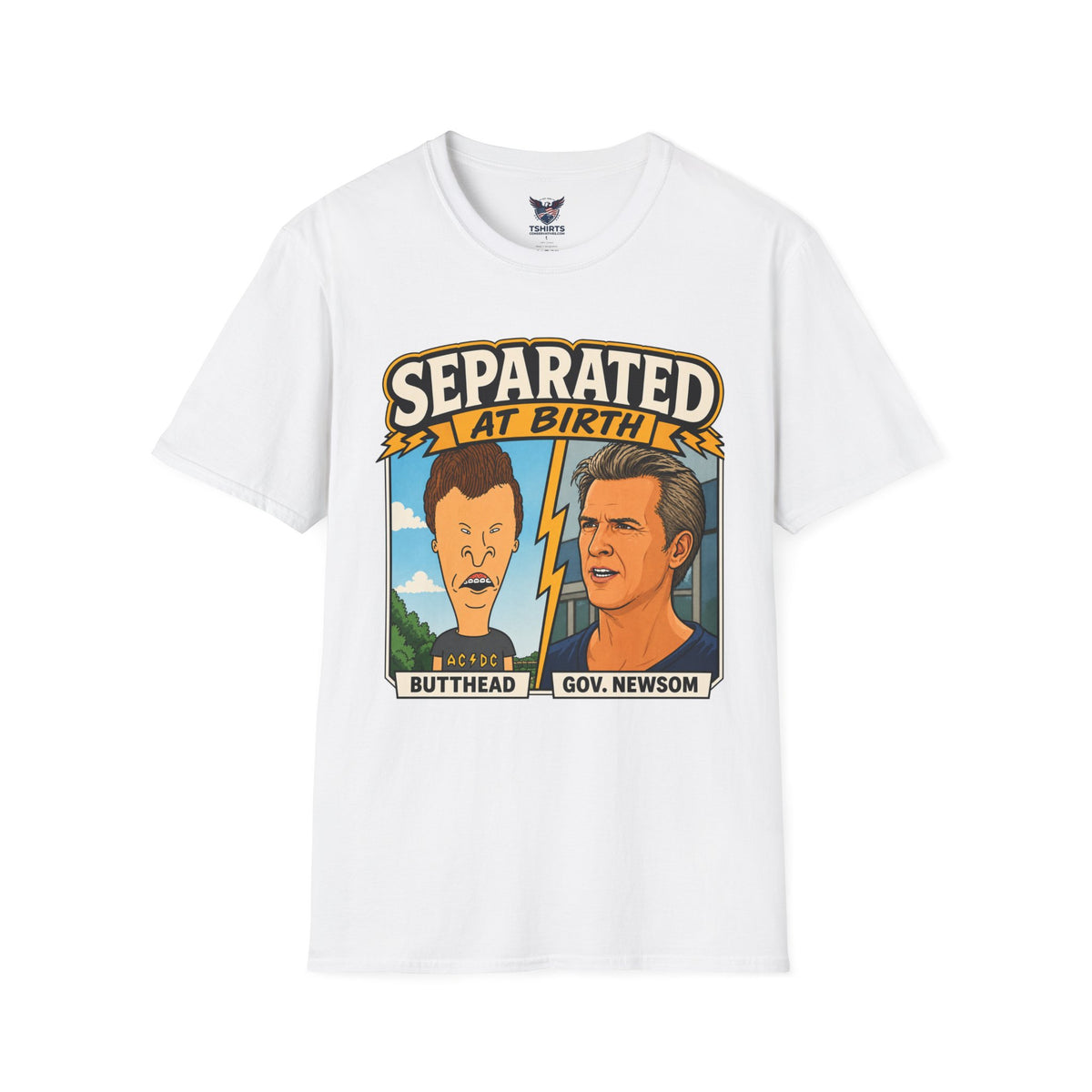 "Trump Patriot Shirt | America First T-Shirt | Conservative Republican Apparel | God Family Country Tee" | Anti Woke | Separated at Birth Butthead vs Gov. Newsom T-Shirt | Satirical Cartoon Tee