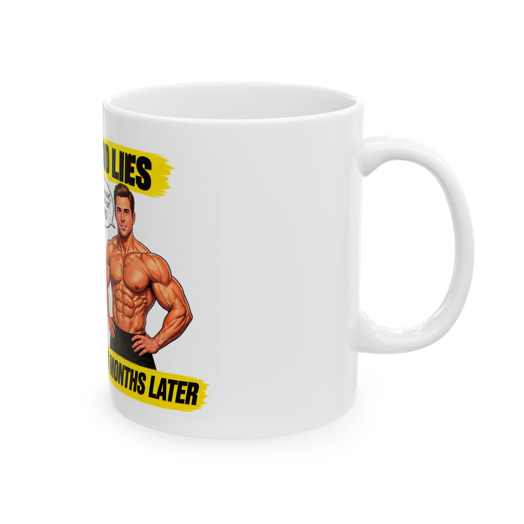 Funny 'Hollywood Lies' No Needle, Just Eating Right and Exercise Ceramic Mug — Actor Transformation Coffee Cup (11oz/15oz)