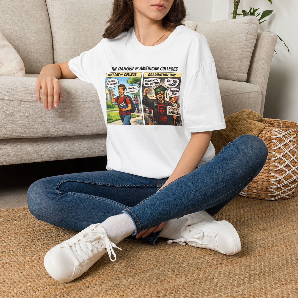 "Trump Patriot Shirt | America First T-Shirt | Conservative Republican Apparel | God Family Country Tee" | anti-woke tshirt | College Comic Panel T-Shirt | First Day vs Graduation Satire
