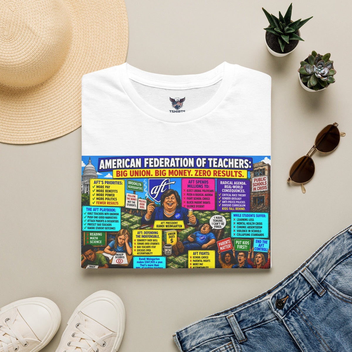 "Trump Patriot Shirt | America First T-Shirt | Conservative Republican Apparel | God Family Country Tee" | American Federation of Teachers Political Cartoon T-Shirt | satirical education poster