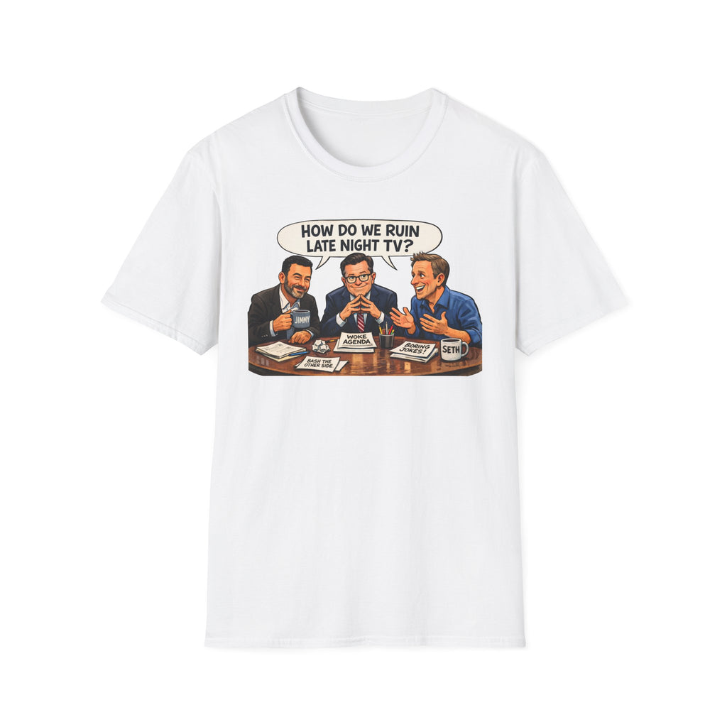 "Trump Patriot Shirt | America First T-Shirt | Conservative Republican Apparel | God Family Country Tee" | anti-woke tshirt | Late Night TV Panel Illustration T-Shirt | Retro Talk Show Graphic