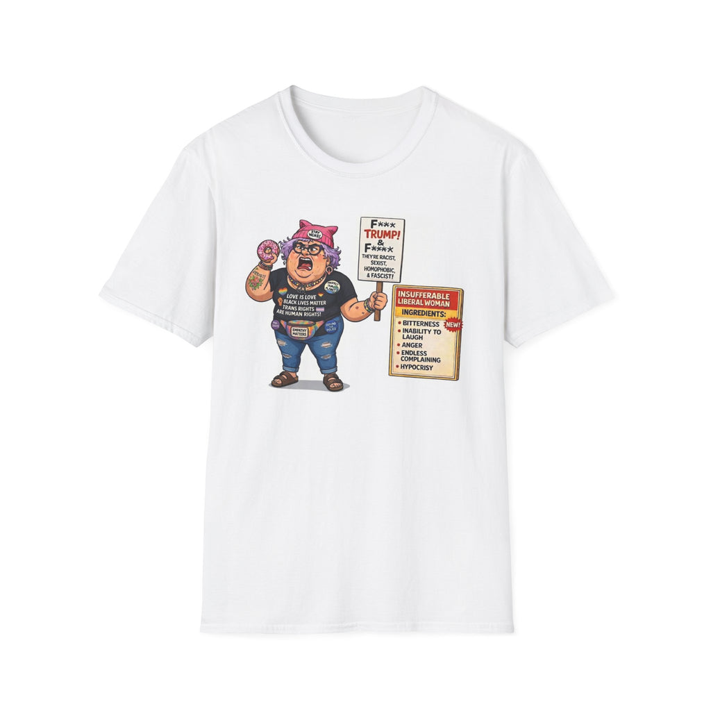 "Trump Patriot Shirt | America First T-Shirt | Conservative Republican Apparel | God Family Country Tee" | anti-woke tshirt | Protest Cartoon Woman with Donut and Signs T-Shirt | Political Satire