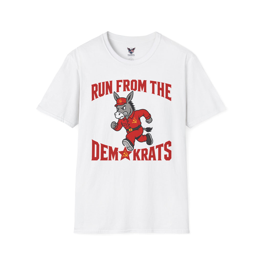 White Run From The Demokrats T-Shirt | Cartoon Donkey Political Satire