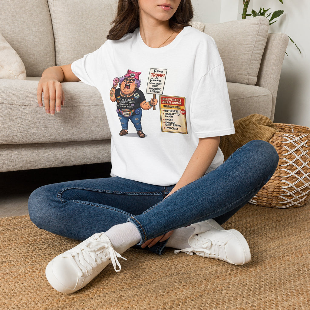 "Trump Patriot Shirt | America First T-Shirt | Conservative Republican Apparel | God Family Country Tee" | anti-woke tshirt | Protest Cartoon Woman with Donut and Signs T-Shirt | Political Satire