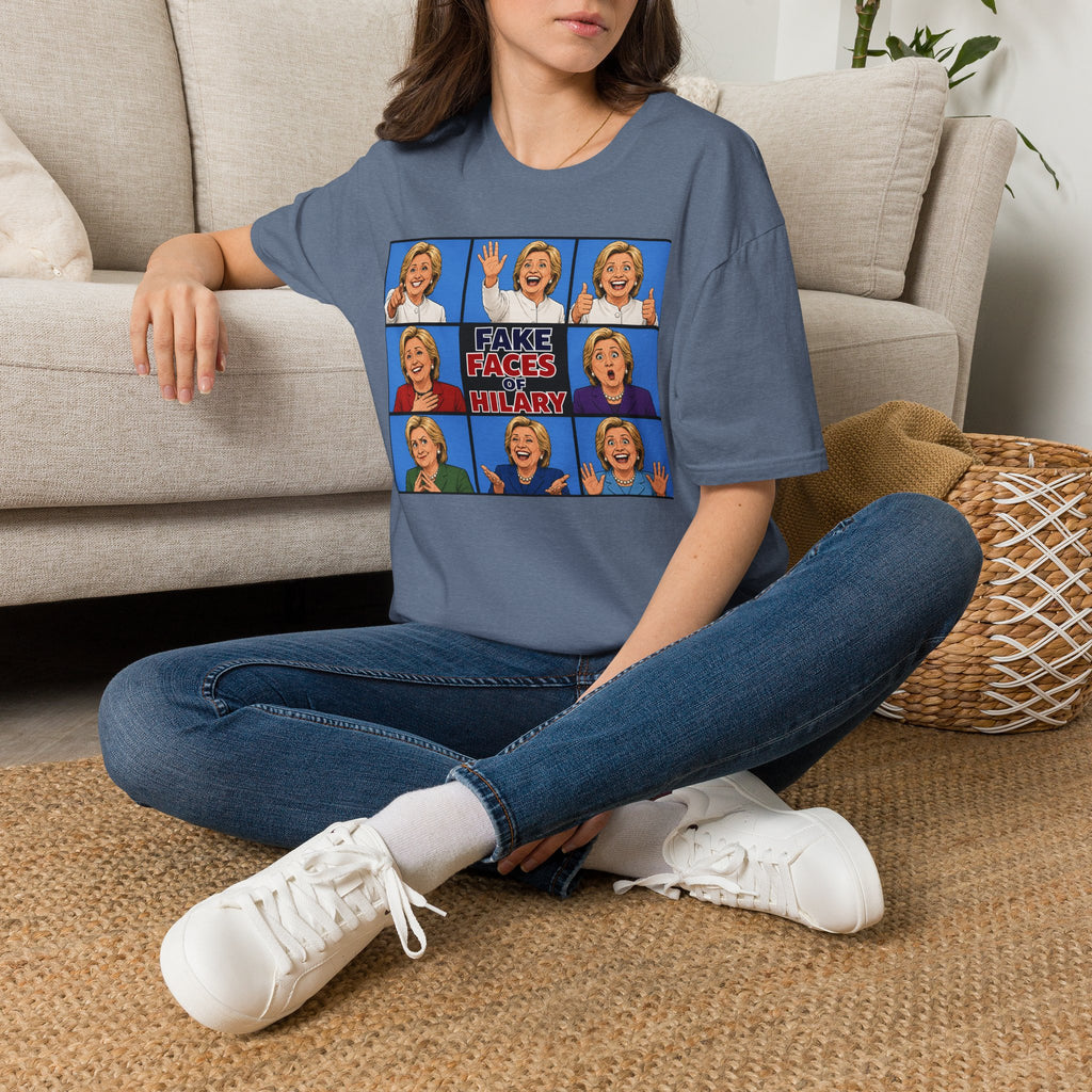 Political Parody T-Shirt — "Fake Faces of Hilary" Graphic Tee