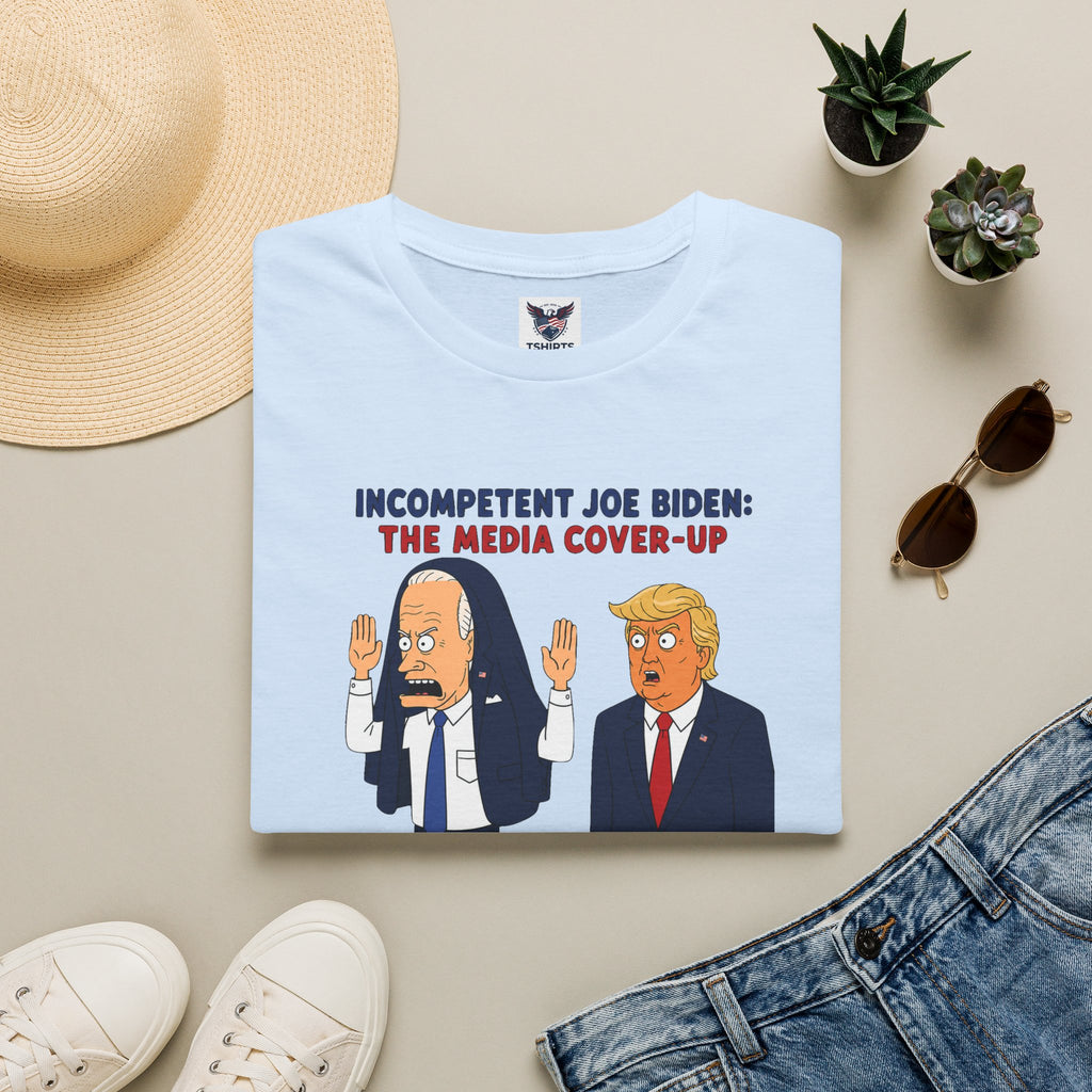 Political Cartoon T-Shirt — "Incompetent Joe Biden? The Media Cover-Up" Graphic Tee