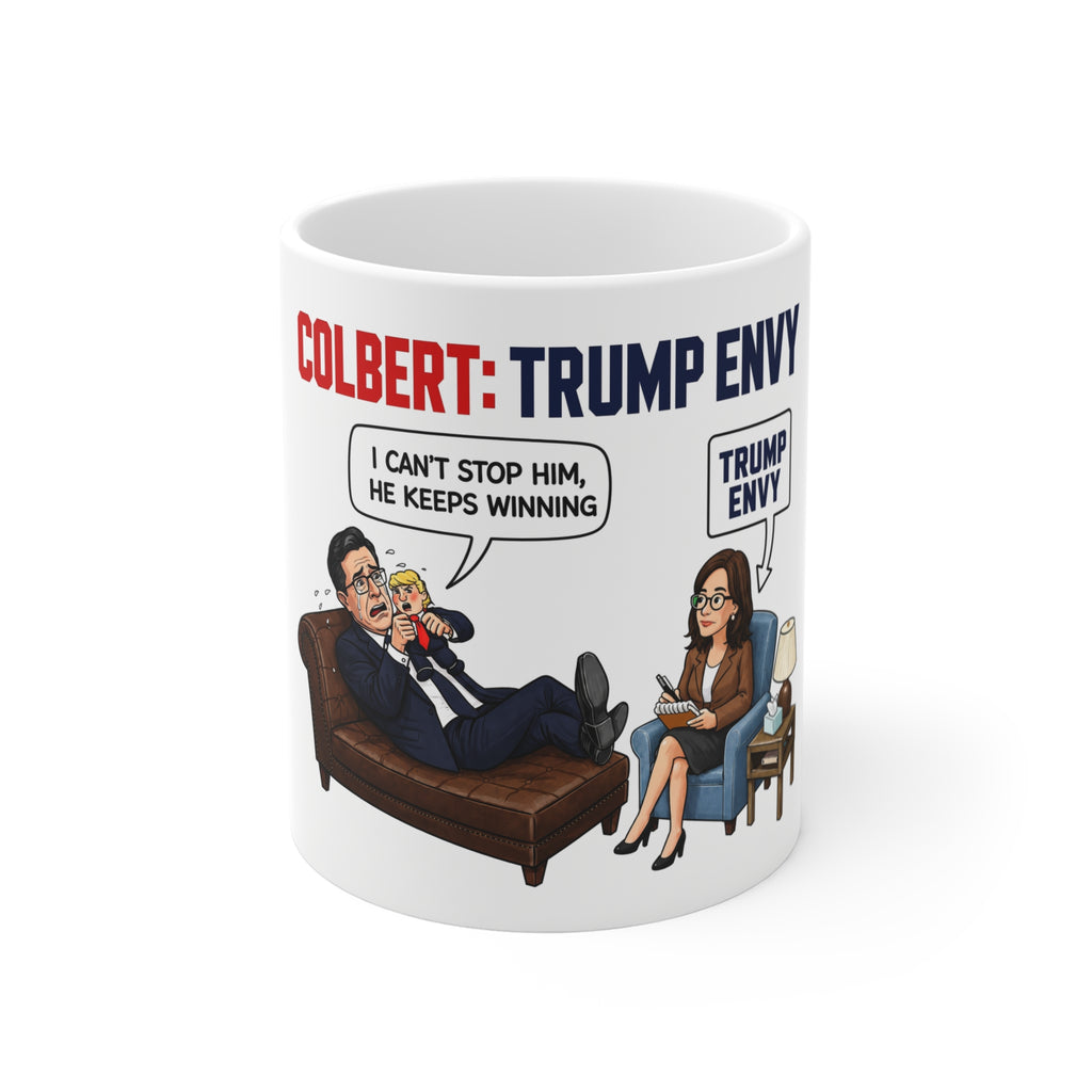 Funny Political Cartoon Coffee Mug - Stephen Colbert "Trump Envy" Parody Ceramic Cup, Novelty Political Humor Tea Mug, Satirical Gift