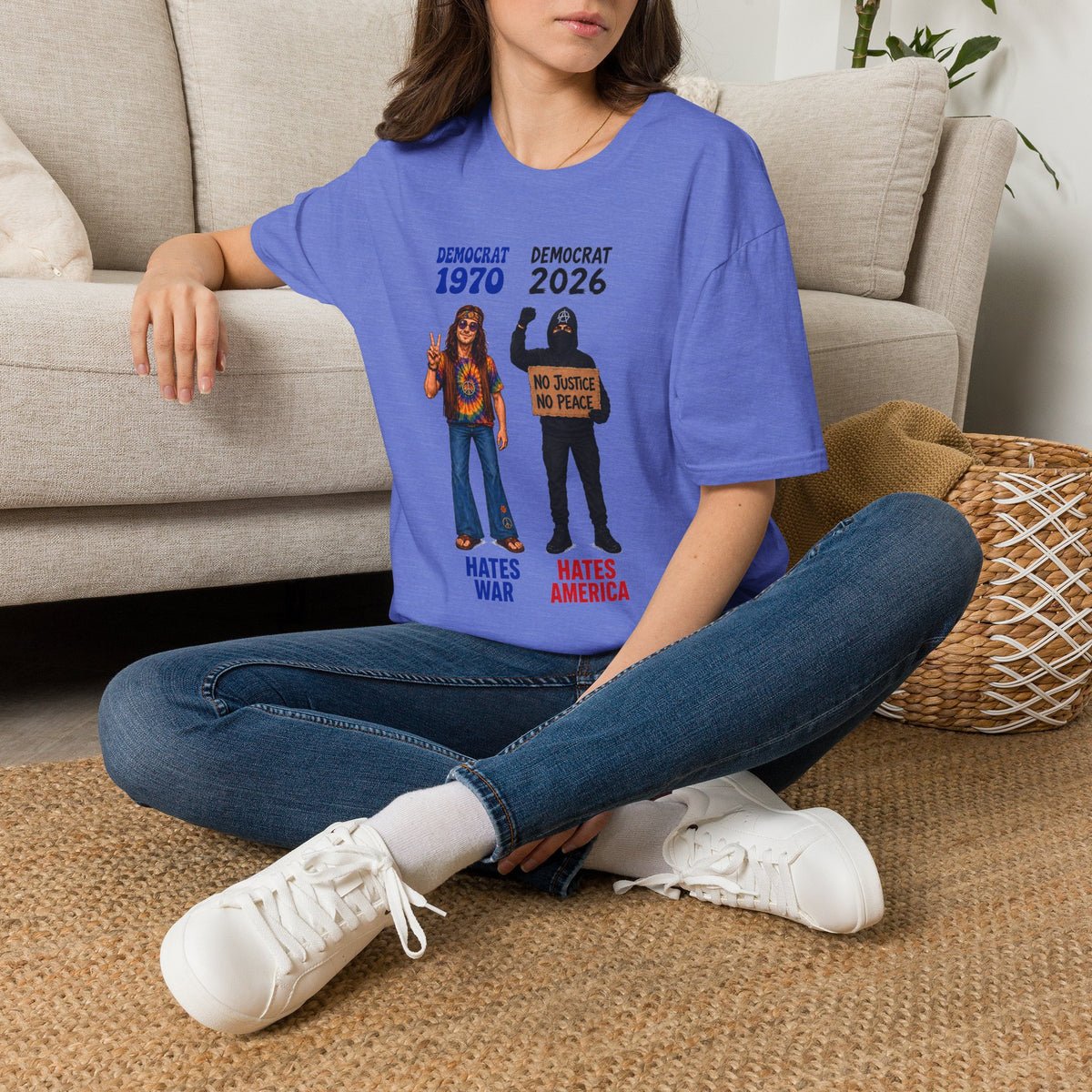 Democrat 1970 vs 2026 Political Comparison T-Shirt — "No Justice No Peace" Design