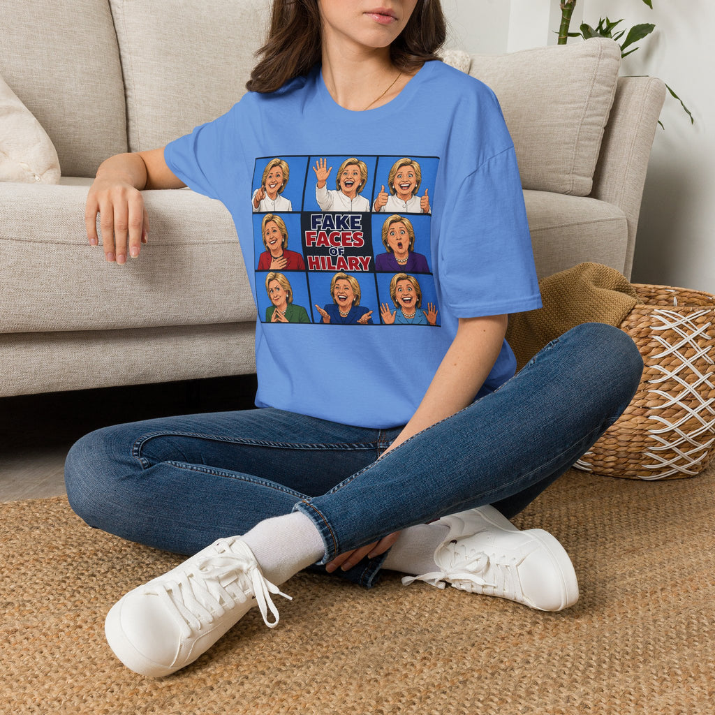 Political Parody T-Shirt — "Fake Faces of Hilary" Graphic Tee