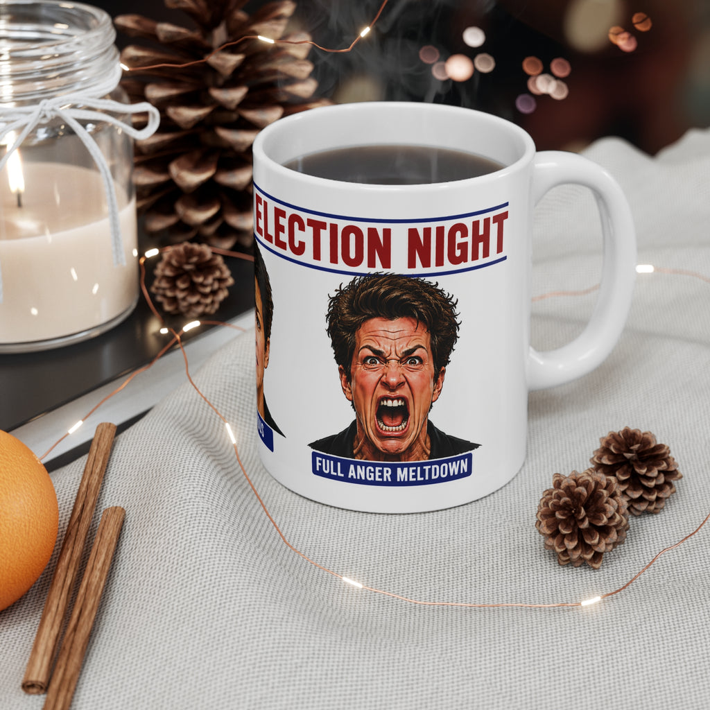 THE FACES OF ELECTION MADDOW ELECTION NIGHT SATIRE MUG 11oz Novelty Coffee Mug — Election Mood Faces (Optimistic • Nervous)