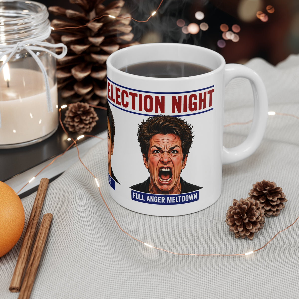THE FACES OF ELECTION MADDOW ELECTION NIGHT SATIRE MUG 11oz Novelty Coffee Mug — Election Mood Faces (Optimistic • Nervous)