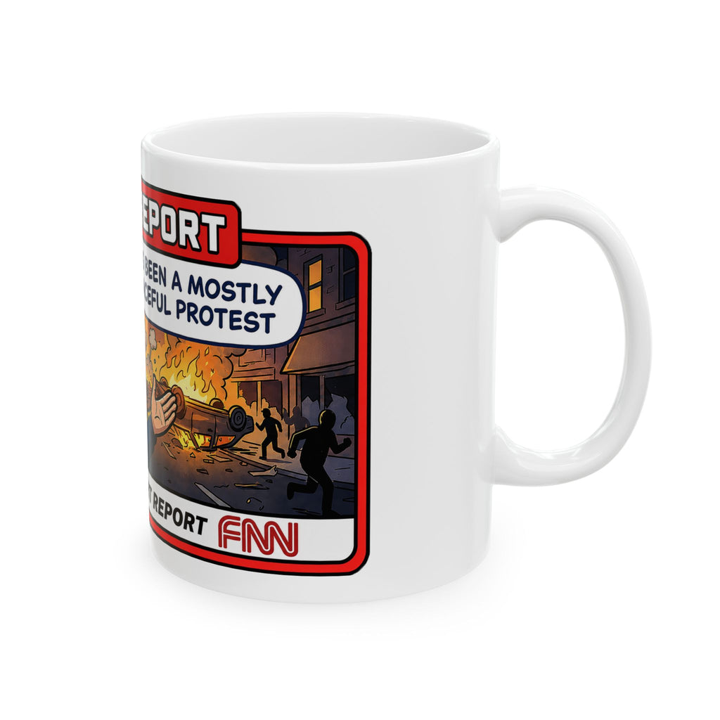 Fake News Street Report Comic Panel Mug | News Reporter Illustration, Protest Scene