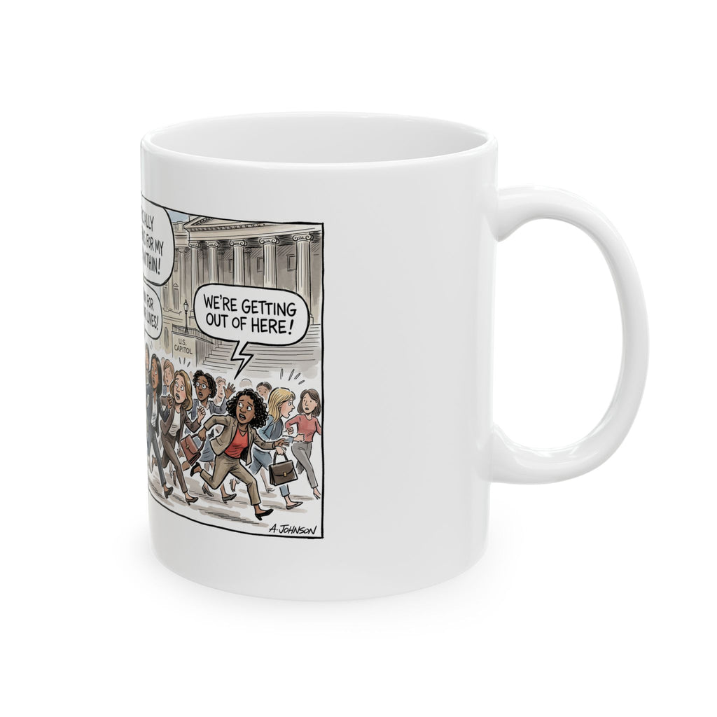 Eric Swalwell Intern Announcement Sparks Panic Cartoon Mug | Political Satire Coffee Cup