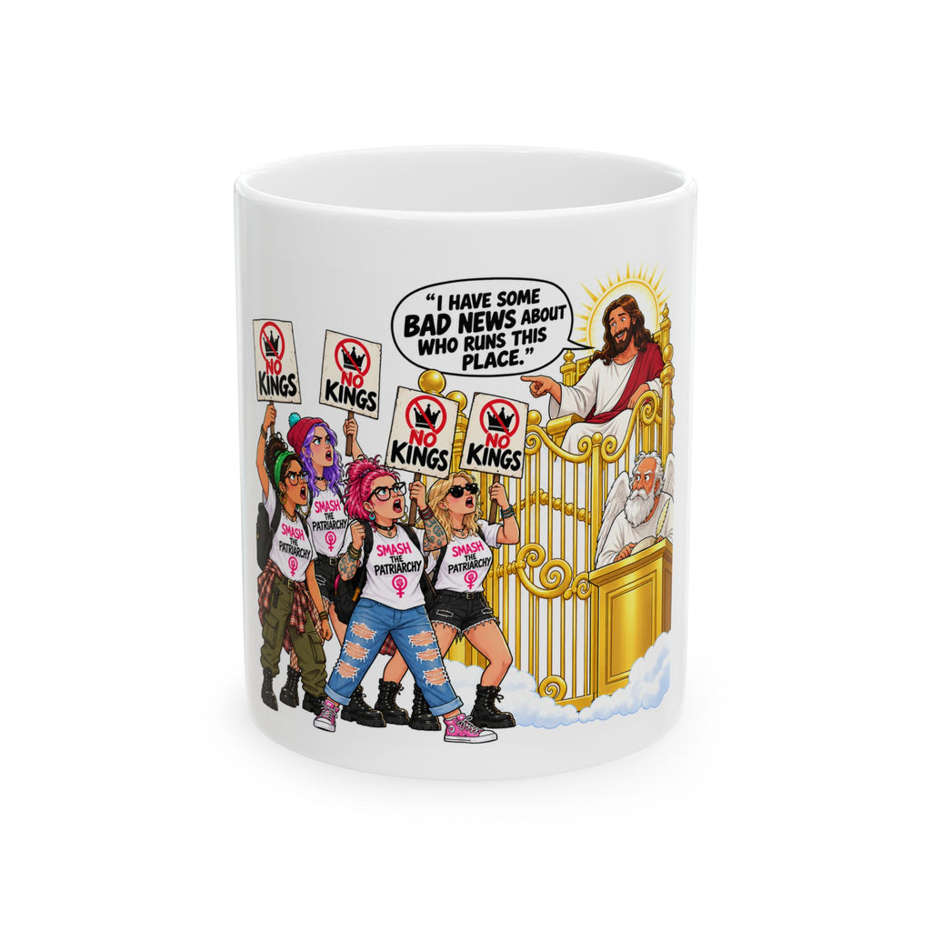 Woke Protesters vs. Pearly Gates Ceramic Mug — “I have some bad news about who runs this place”