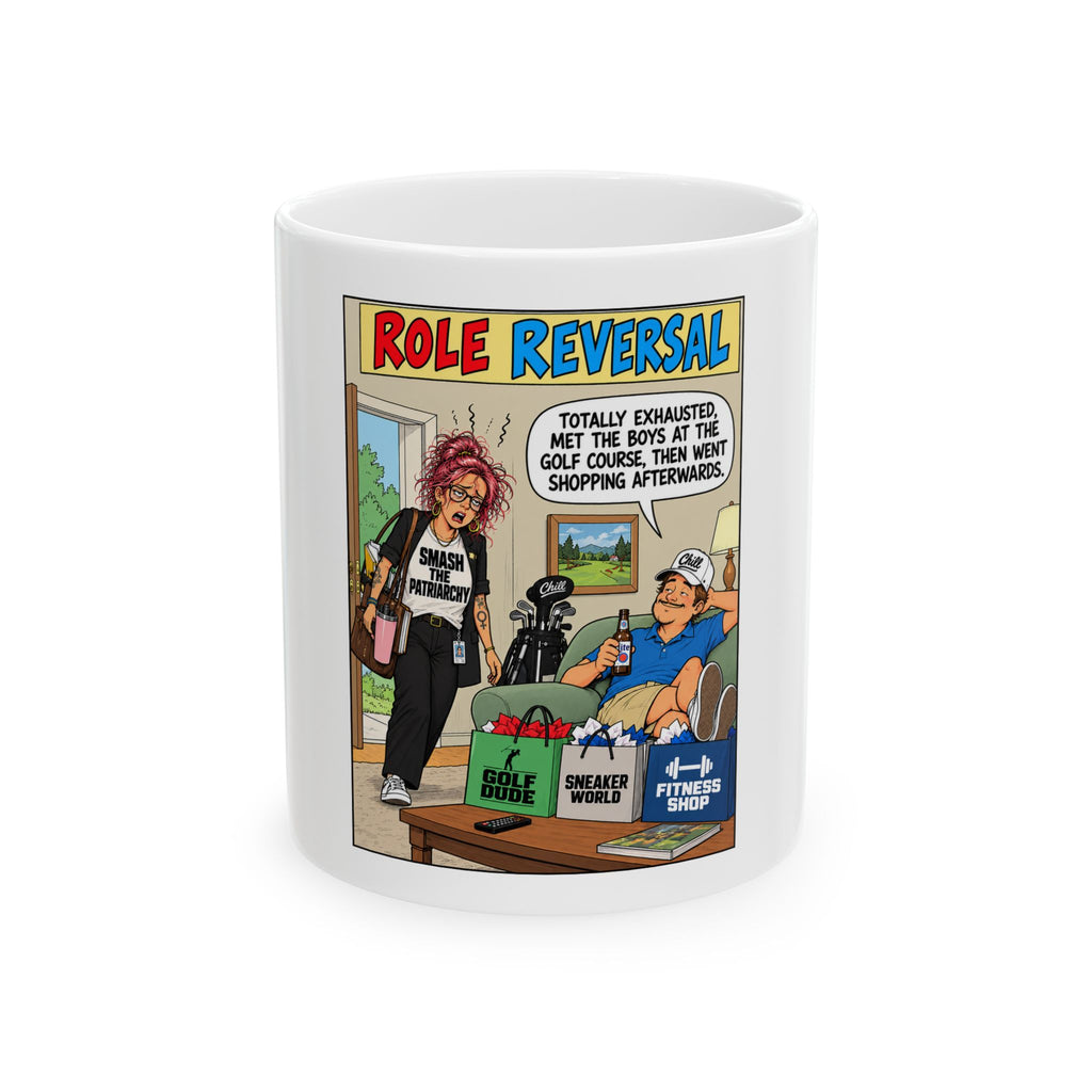 Feminist Role Reversal Funny Cartoon Coffee Mug – Humorous Golf & Shopping Comic Design (11oz, 15oz)