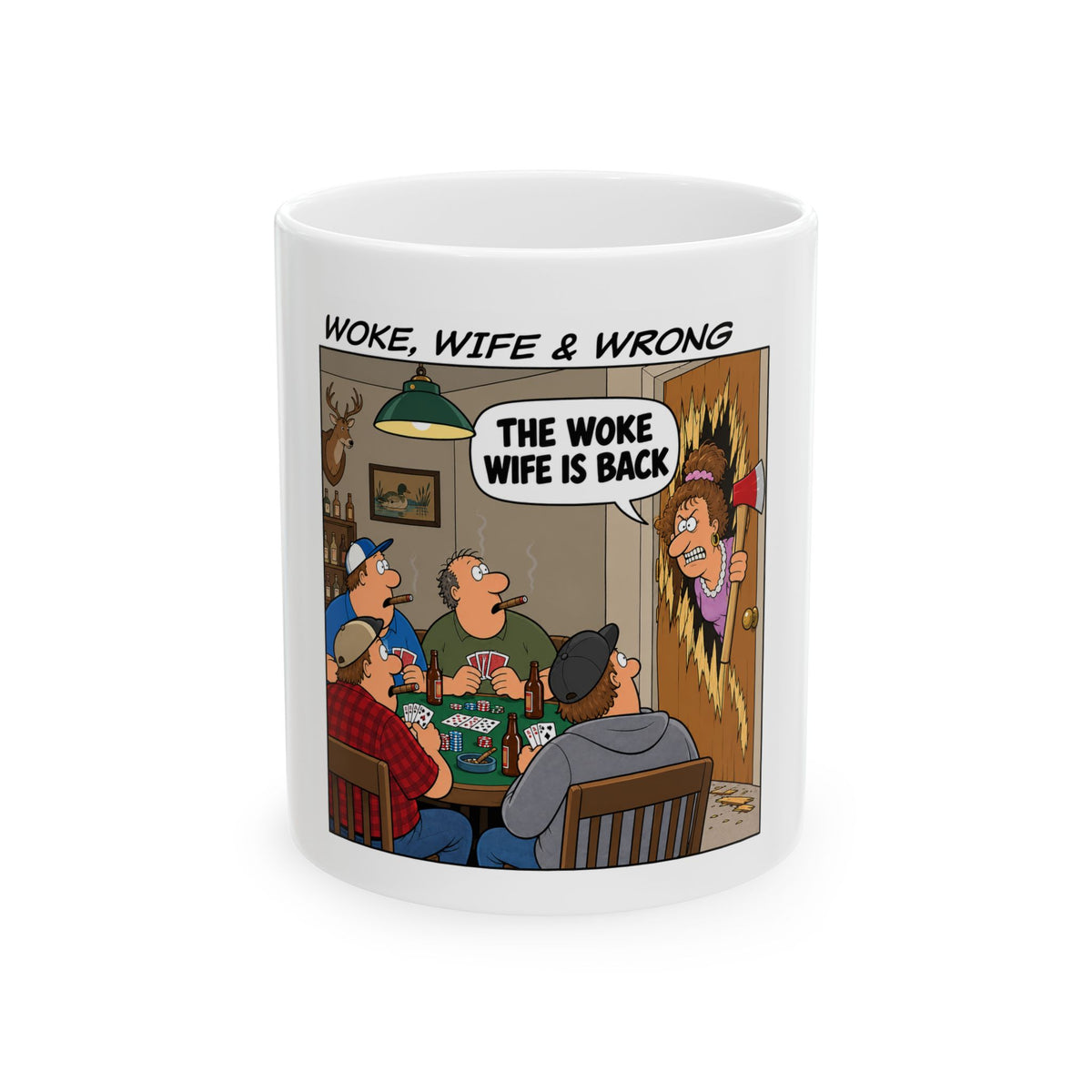 Ceramic Mug — "The Woke Wife Is Back" Funny Political Cartoon Coffee Mug