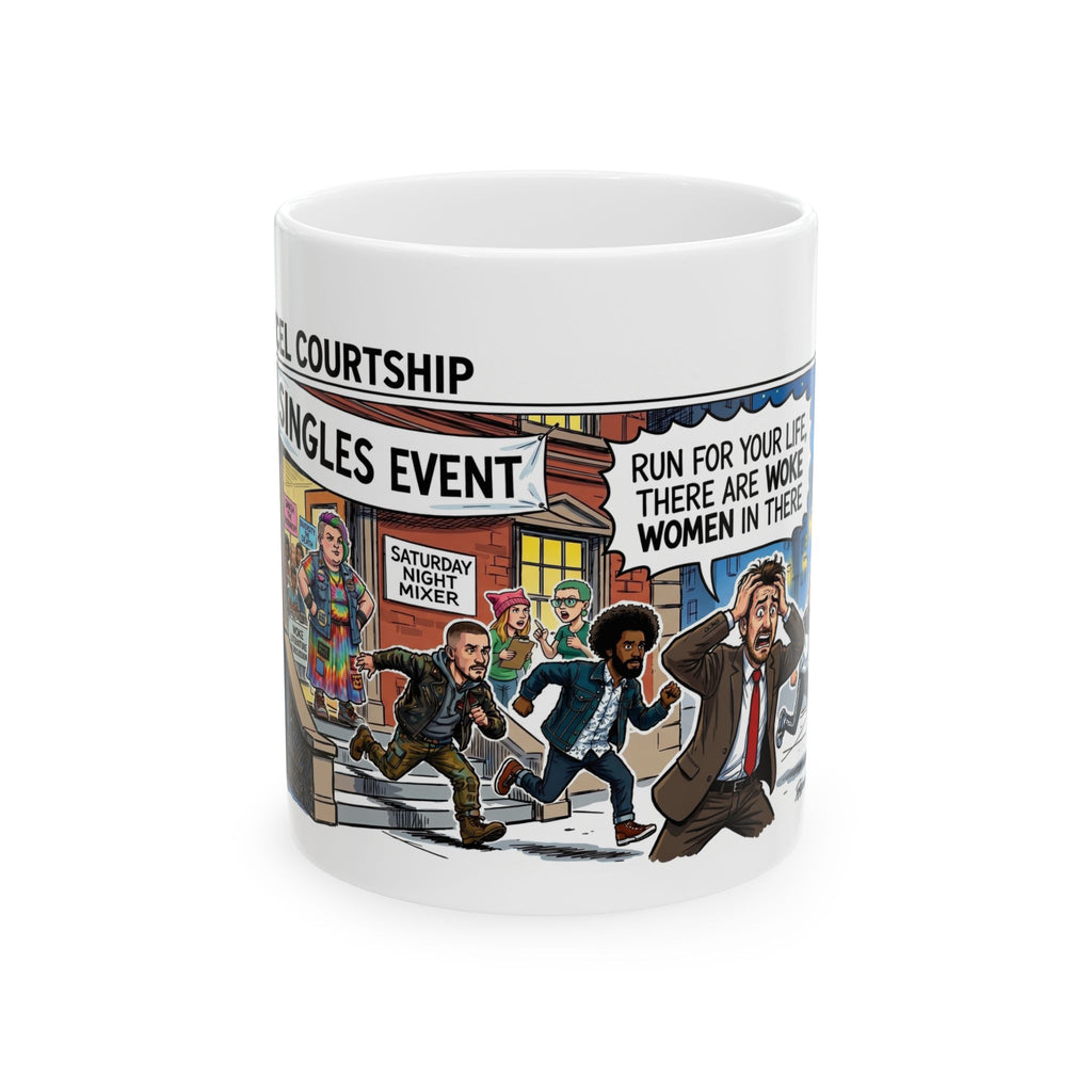 Men Fleeing Singles Woke Women Event Mug | Humorous Comic Illustration Ceramic Mug