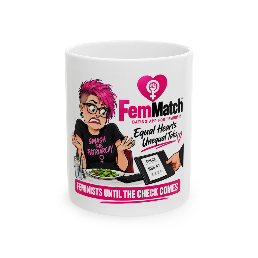 Feminist Coffee Mug — “FemMatch: Feminists Until the Check Comes” Ceramic Mug (11oz/15oz)