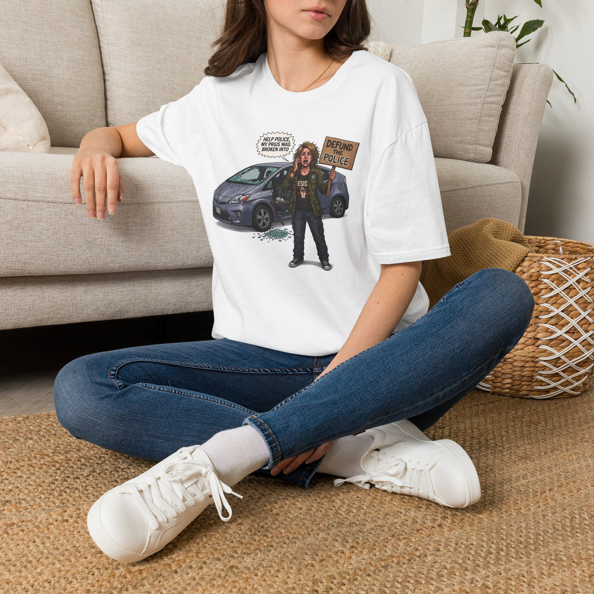 "Trump Patriot Shirt | America First T-Shirt | Conservative Republican Apparel | God Family Country Tee" | anti-woke tshirt | Woman with Protest Sign and Crashed Car T-Shirt | Political Satire Tee