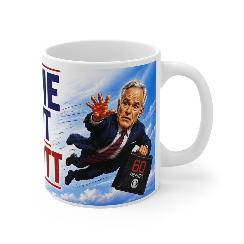 SCOTT PELLEY OUT AT 60 MINUTES Mug — "Time Out Scott" Political Satire Coffee Mug (Trump Kicking Off Cliff)