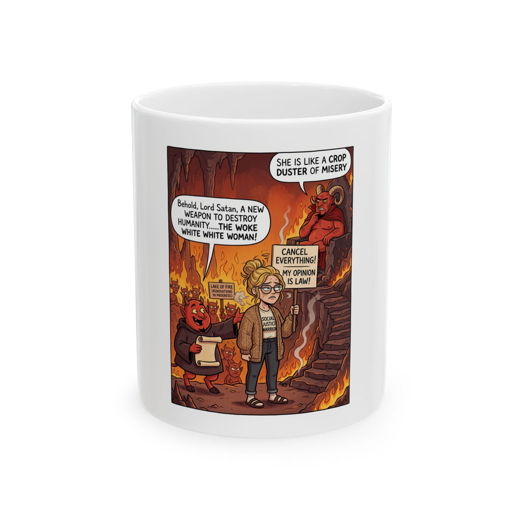 Woke White Woman Satire Mug — 'Cancel Everything' Devil Cartoon Ceramic Coffee Cup (11oz, 15oz)