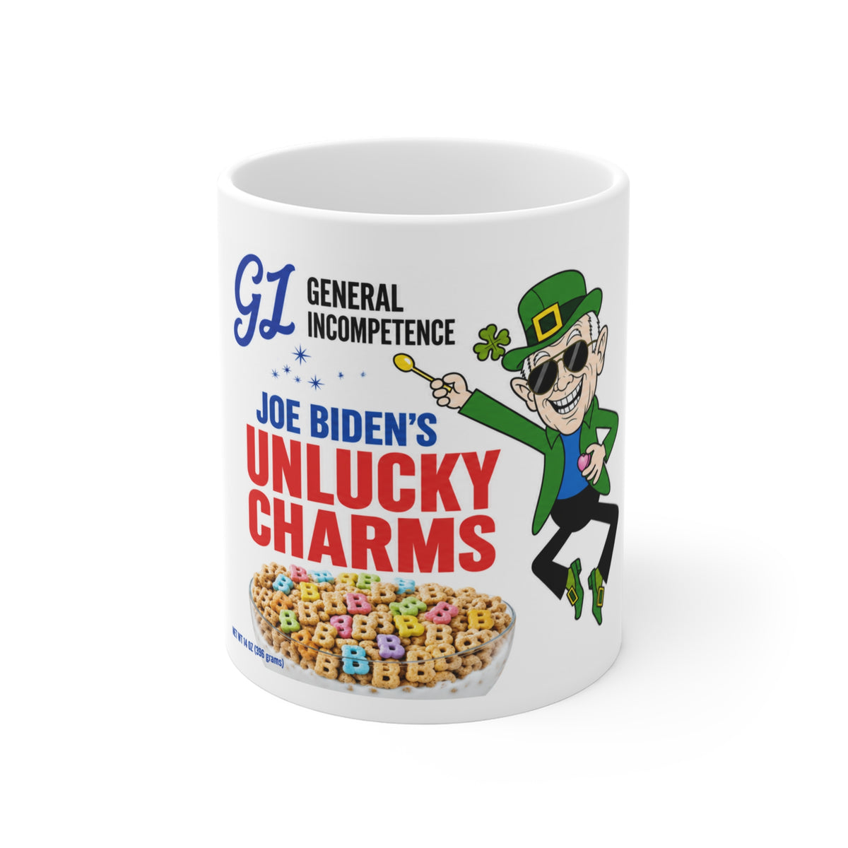 Funny Joe Biden Parody Coffee Mug – Satirical "General Incompetence Unlucky Charms" Novelty Politically Sarcastic Ceramic Cup & Political Humor Gift