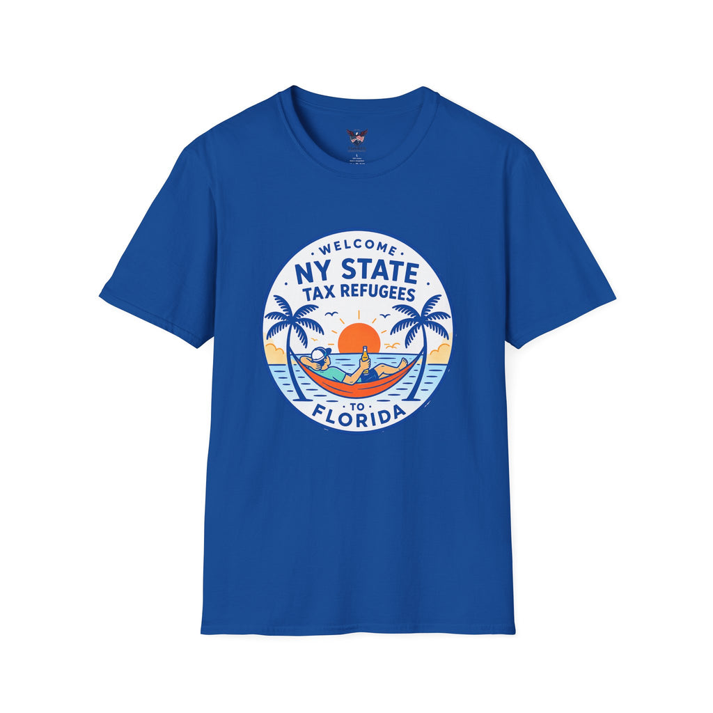 Welcome NY State Tax Refugees Royal Blue T-Shirt | Florida Sunset Palm Design
