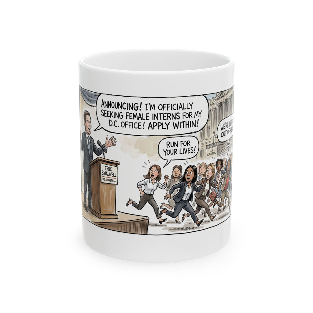 Eric Swalwell Intern Announcement Sparks Panic Cartoon Mug | Political Satire Coffee Cup
