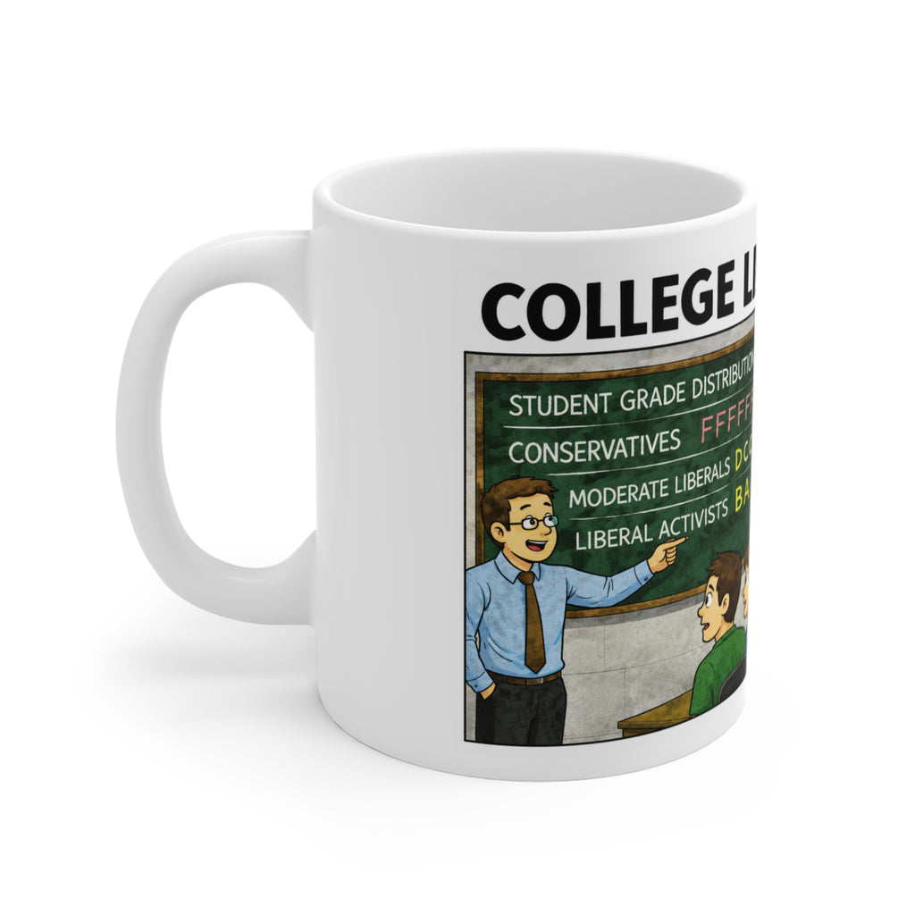 College Life Liberal Bias Cartoon Mug — Political Spectrum Classroom Coffee Cup (11oz)