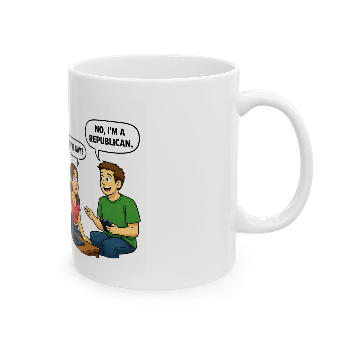 College Life Comic "In the Closet Republican" Mug | Illustrated campus conversation coffee mug