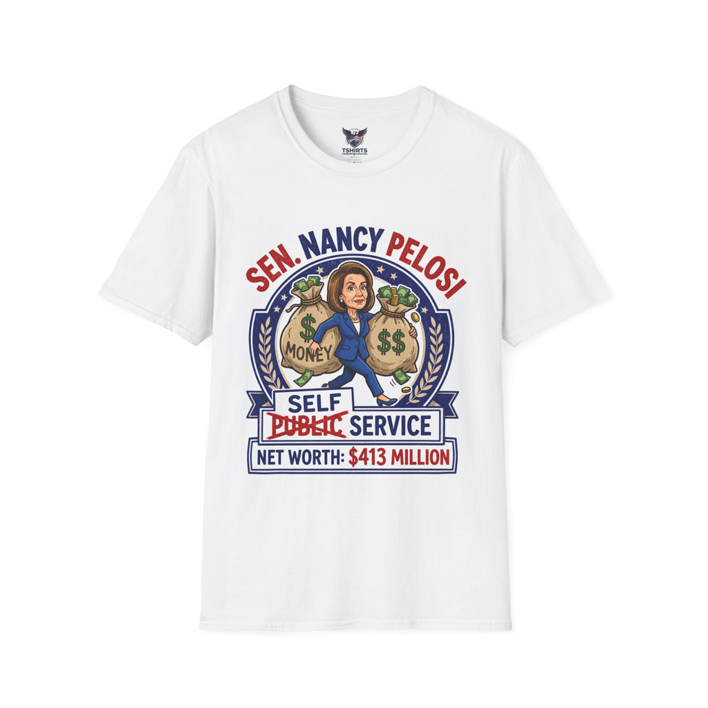 Political Satire T‑Shirt — "Sen. Nancy Pelosi" Money Bag Caricature