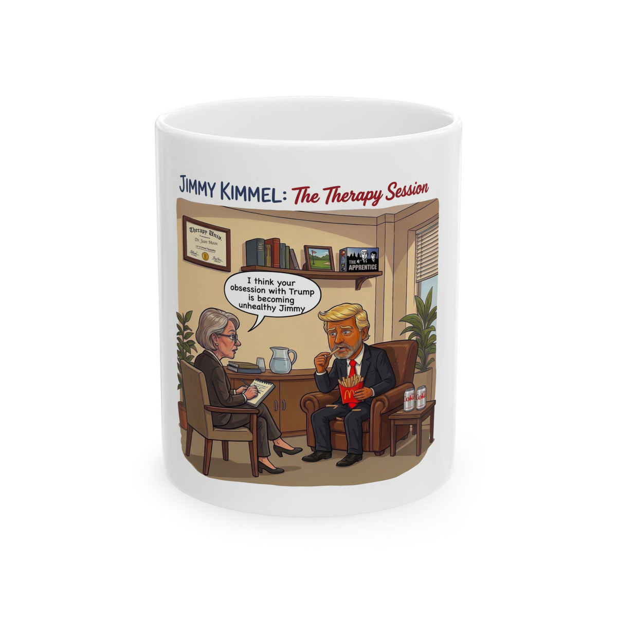 Jimmy Kimmel 'The Therapy Session' Turning into Trump Cartoon Mug | Political Satire Coffee Mug