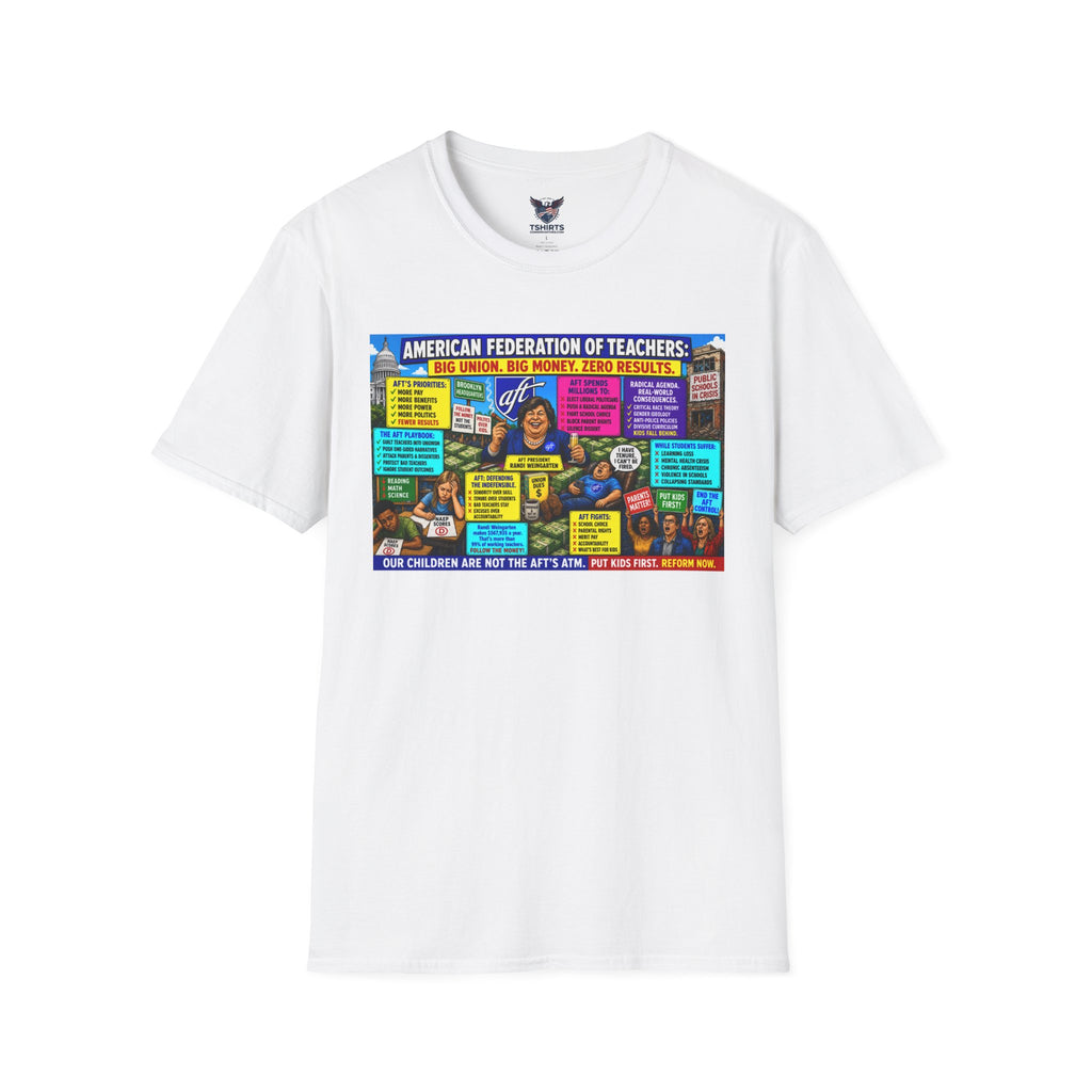 "Trump Patriot Shirt | America First T-Shirt | Conservative Republican Apparel | God Family Country Tee" | American Federation of Teachers Political Cartoon T-Shirt | satirical education poster